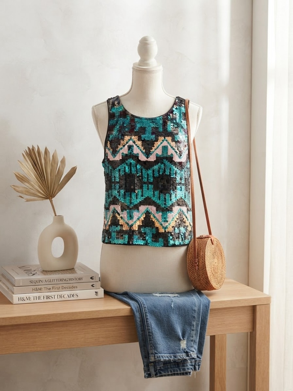 H&M Teal Multicolor Sequin Geo Tank